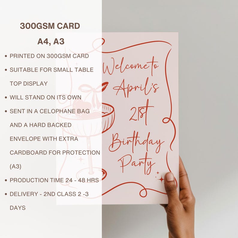 May include: A rectangular birthday party welcome sign printed on 300GSM card stock. The light pink sign features red cursive text that reads Welcome to April's 21st Birthday Party, accompanied by a red line drawing of a cocktail glass with a cherry.