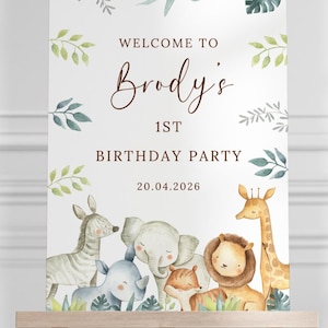 Personalised Safari First Birthday Party Sign Jungle Safari Wild One 1st Birthday Welcome Sign Baby Boy Age One Custom name Welcome Board image 10