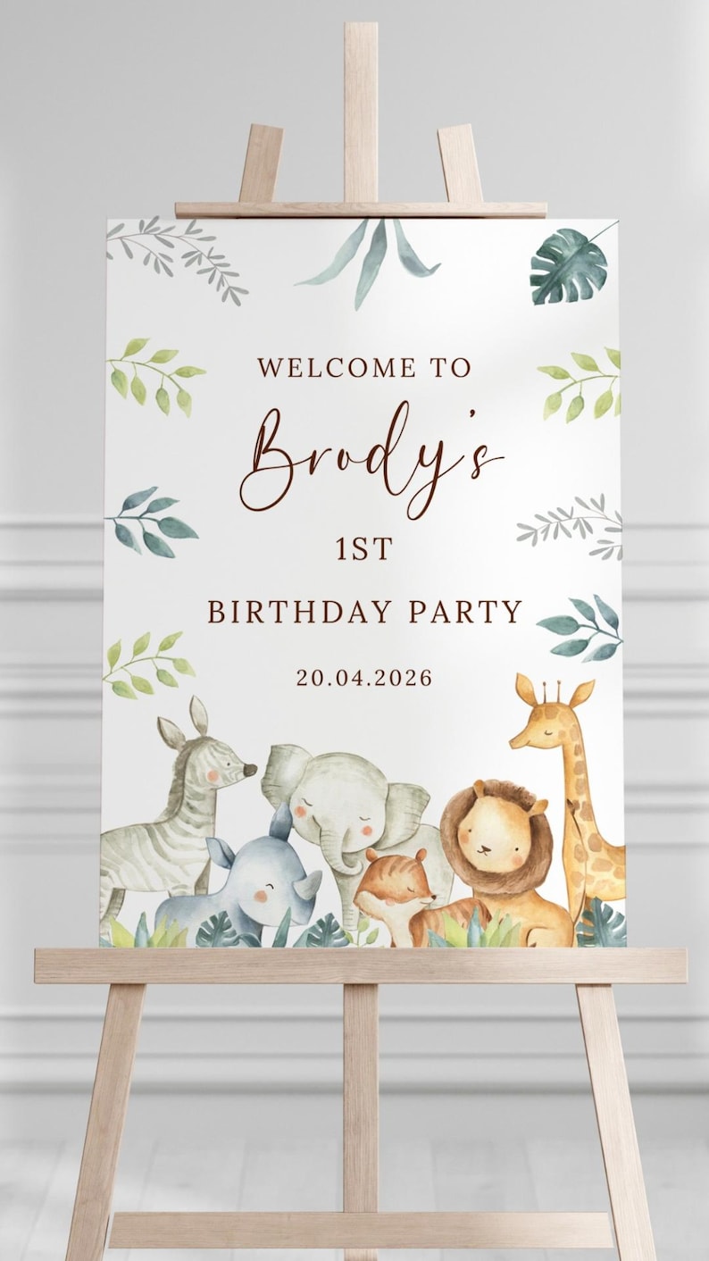 Personalised Safari First Birthday Party Sign Jungle Safari Wild One 1st Birthday Welcome Sign Baby Boy Age One Custom name Welcome Board image 10