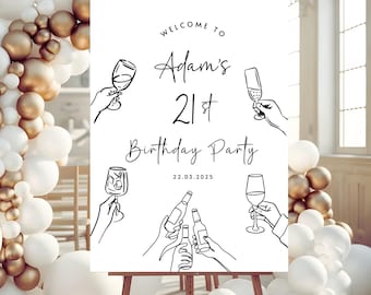 Letrero de bienvenida personalizado para cumpleaños número 21, diseño moderno y divertido, póster de bienvenida personalizado para cumpleaños número 21, cartel con garabatos dibujados a mano en blanco y negro con la palabra "Cheers".