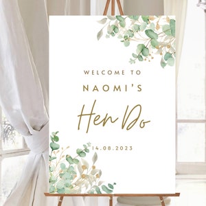 Personalised Hen Do Welcome Sign Greenery and Gold Font Portrait Eucalyptus Custom Hen Party Welcome Poster Bridal shower Entrance Sign