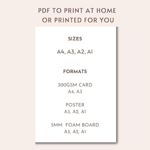 May include: A white informational sign with dark brown text that reads: PDF TO PRINT AT HOME OR PRINTED FOR YOU. SIZES A4, A3, A2, A1. FORMATS 300GSM CARD A4, A3. POSTER A3, A2, A1. 5MM FOAM BOARD A3, A2, A1. The text is centered on a light background.