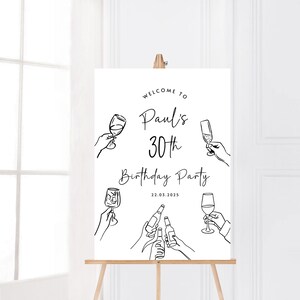 Puede incluir: Un letrero rectangular blanco sobre un caballete de madera con ilustraciones de l&iacute;neas negras de manos sosteniendo varios vasos y botellas. El texto dice: Welcome to Paul's 30th Birthday Party 22.03.2025 en una mezcla de fuentes serif y script.