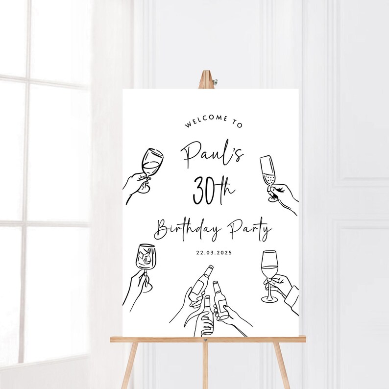 Puede incluir: Un letrero rectangular blanco sobre un caballete de madera con ilustraciones de l&iacute;neas negras de manos sosteniendo varios vasos y botellas. El texto dice: Welcome to Paul's 30th Birthday Party 22.03.2025 en una mezcla de fuentes serif y script.