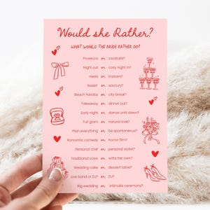 Hen Party Game Would She Rather Pink and Red Hen Do Activity What would the Bride Rather Do Hen Weekend Ideas Printed Game Cards