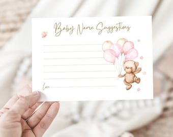 Baby Name Suggestion Cards, Pink Teddy Bear and Balloons We Can Bearly Wait Theme, Girl Baby Shower Activity Baby Name Ideas, PRINTED