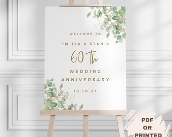 Personalised Wedding Anniversary Welcome Sign Any Year Eucalyptus and Gold  Anniversary Party Entrance Welcome Poster 60 Diamond Years Sign