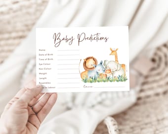 May include: A baby shower prediction card with the text "Baby Predictions" in brown script. The card features watercolor illustrations of a lion, rhino, fox, elephant, and giraffe. The card has lines for filling in details like name, date, and weight.