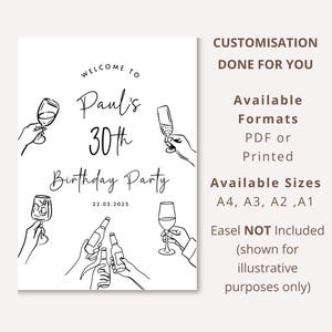 Puede incluir: Un cartel rectangular blanco con ilustraciones de l&iacute;neas negras de manos sosteniendo varias copas de vino y botellas. El texto dice: Welcome to Paul's 30th Birthday Party 22.03.2025. El lado derecho enumera opciones de personalizaci&oacute;n y tama&ntilde;os.