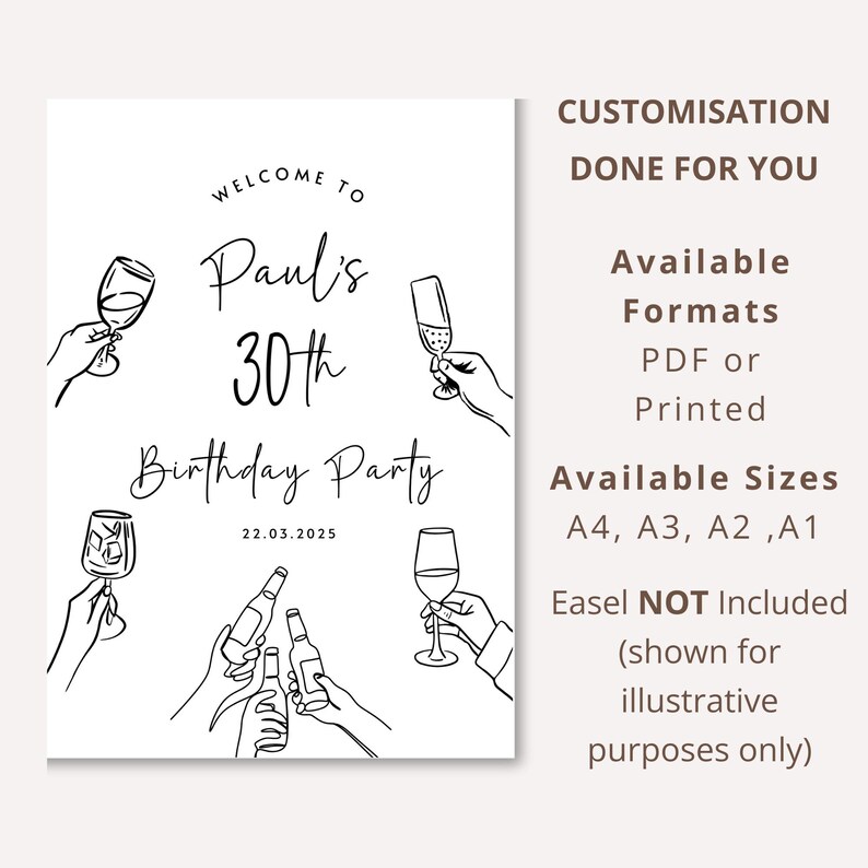 Puede incluir: Un cartel rectangular blanco con ilustraciones de l&iacute;neas negras de manos sosteniendo varias copas de vino y botellas. El texto dice: Welcome to Paul's 30th Birthday Party 22.03.2025. El lado derecho enumera opciones de personalizaci&oacute;n y tama&ntilde;os.
