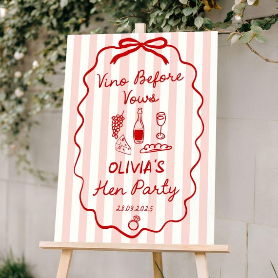 Hen Party Sign Pink and Red Vino before Vows Bridal Shower Welcome Sign Wine themed Hen Party personalised Decorations Hen Night Poster