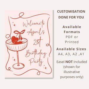May include: A rectangular birthday party sign with a light pink background and dark red line art. The design features a cocktail glass with cherries and the text: Welcome to April's 21st Birthday Party. The right side lists customization details, available formats including PDF or printed, and sizes A4, A3, A2, and A1.