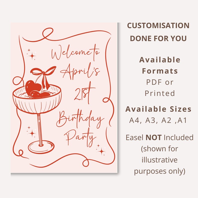 May include: A rectangular birthday party sign with a light pink background and dark red line art. The design features a cocktail glass with cherries and the text: Welcome to April's 21st Birthday Party. The right side lists customization details, available formats including PDF or printed, and sizes A4, A3, A2, and A1.