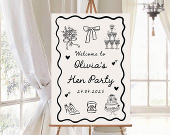 Custom Hen Party Poster Black and Beige Whimsical Hen Do Welcome Sign Neutral Hen Weekend Hand Drawn Doodle Style Minimal Bridal Shower
