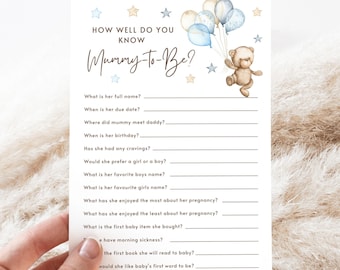 Baby Shower Game How Well Do you Know Mummy to Be Blue Teddy We Can Bearly Wait  Who knows Mummy Best Cards Fun Activity for Guests Printed