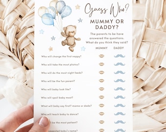 Baby Shower Game Guess Who Mummy or Daddy Blue Teddy We Can Bearly Wait Baby Boy Baby Shower Guessing game Printed Cards Mum VS Dad Activity