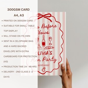 May include: A vertical card with a pink and white striped background. The card features red text and illustrations, including a wine bottle, glass, and cheese. The text reads "Wine Before Vows" and "Olivia's Hen Party".