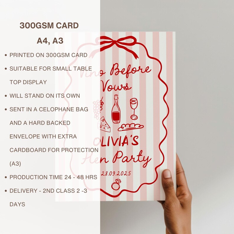May include: A vertical card with a pink and white striped background. The card features red text and illustrations, including a wine bottle, glass, and cheese. The text reads "Wine Before Vows" and "Olivia's Hen Party".