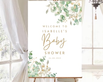 Custom Baby Shower Welcome Sign Eucalyptus and Gold Portrait Greenery Gold Font Custom Baby Shower Welcome Poster Watercolour Foliage