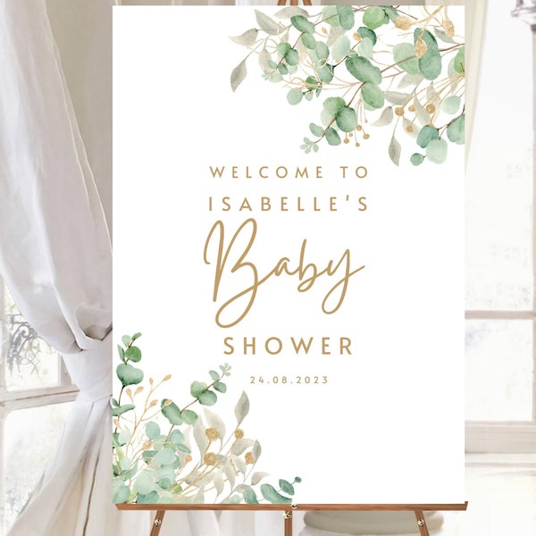 Custom Baby Shower Welcome Sign Eucalyptus and Gold Portrait Greenery Gold Font Custom Baby Shower Welcome Poster Watercolour Foliage