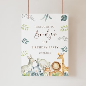 Personalised Safari First Birthday Party Sign Jungle Safari Wild One 1st Birthday Welcome Sign Baby Boy Age One Custom name Welcome Board image 6