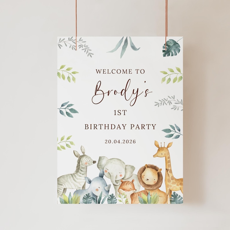 Personalised Safari First Birthday Party Sign Jungle Safari Wild One 1st Birthday Welcome Sign Baby Boy Age One Custom name Welcome Board image 6