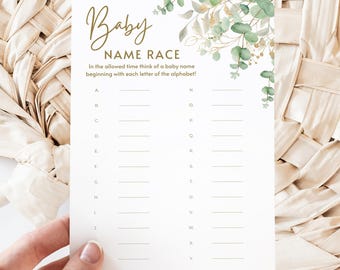 Baby Name A–Z Baby Shower Game – Sage Green & Gold Botanical Theme, Gender Neutral Shower Activity, UK Printed Baby Shower Games GGE