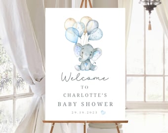Custom Baby Shower Welcome Sign Blue Balloons Baby Elephant Welcome Sign Boy Baby Shower Decorations Personalised Baby Shower Welcome Poster