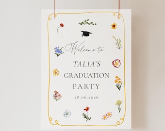 Cartel de bienvenida para fiesta de graduación con diseño floral, póster de celebración de graduación personalizado con flores silvestres, ideal para graduados universitarios y de instituto.