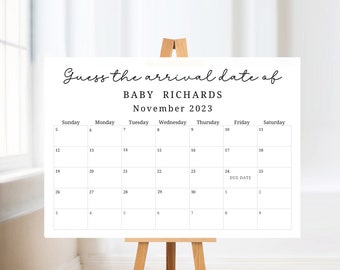 May include: A white calendar with the text "Guess the arrival date of Baby Richards November 2023" at the top. The calendar shows the month of November 2023 with the due date marked on the 24th.