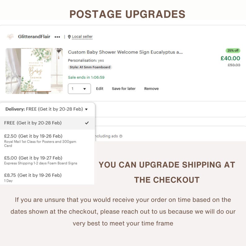 May include: Etsy listing screenshot showing a baby shower welcome sign with eucalyptus design. The sign is customizable and made of A1 5mm foamboard. The listing offers free delivery and upgrade options at checkout.