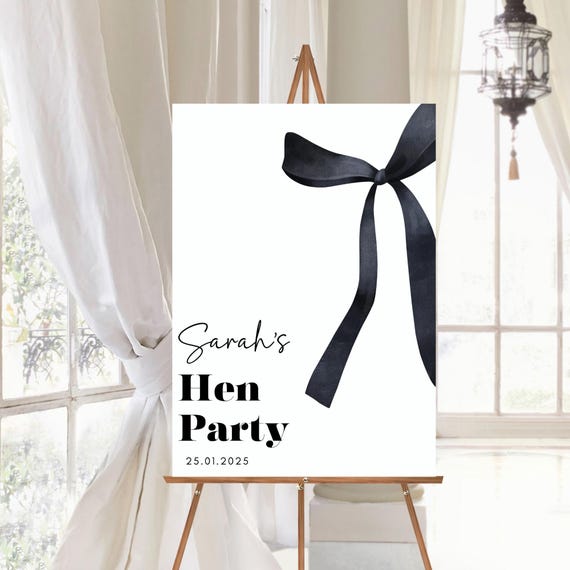 Custom Hen Do Welcome Sign Black and White Hen Party Poster Black Bow She is Tying the Knot Theme Coquette Design Printed Hen Party Signage