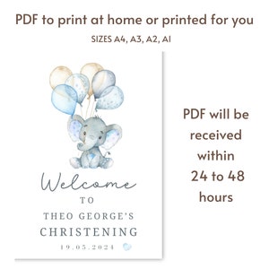 Pode incluir: Uma impress&atilde;o digital com uma ilustra&ccedil;&atilde;o em aguarela de um elefante cinzento a segurar um grupo de bal&otilde;es azuis e beges. O texto diz Welcome to Theo George's Christening 19.05.2024. O design inclui informa&ccedil;&otilde;es sobre os tamanhos PDF A4, A3, A2, A1.