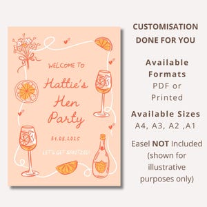 Hen Party Welcome Sign, Personalised Cocktail Theme Hen Do Poster, Prosecco Spritz Bridal Shower Decor, Foam Board or Poster, A1, A2, A3, A4 afbeelding 3