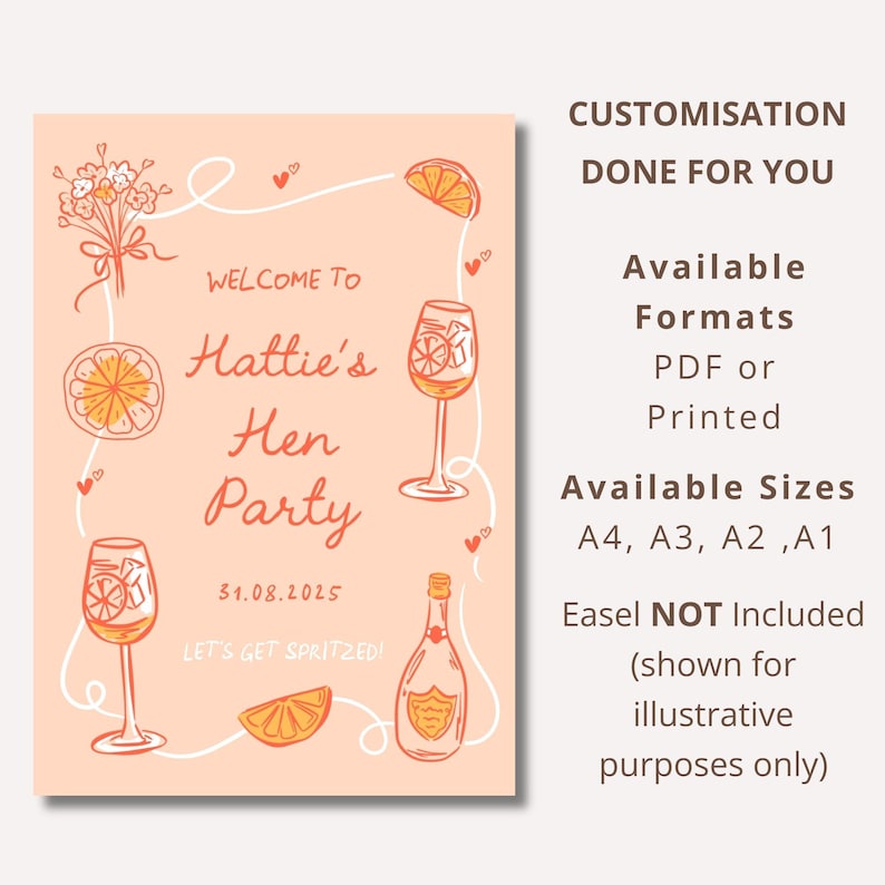 Hen Party Welcome Sign, Personalised Cocktail Theme Hen Do Poster, Prosecco Spritz Bridal Shower Decor, Foam Board or Poster, A1, A2, A3, A4 afbeelding 3