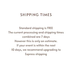 May include: Text on a white background reads "SHIPPING TIMES". Below, it states "Standard shipping is FREE". It continues with information about processing and shipping times, estimating 7 days, and recommending express shipping if an event is within 10 days.