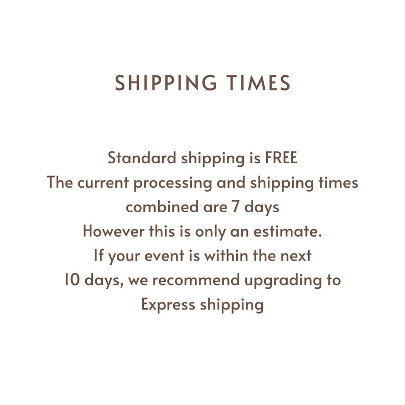 May include: Text on a white background reads "SHIPPING TIMES". Below, it states "Standard shipping is FREE". It continues with information about processing and shipping times, estimating 7 days, and recommending express shipping if an event is within 10 days.