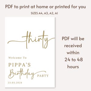 May include: A white sign with gold text that reads "thirty" in cursive. Below, it says "Welcome To PIPPA'S Birthday PARTY 23.03.2024." The top text says "PDF to print at home or printed for you."