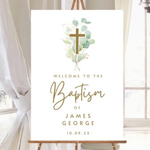 Custom Greenery and Gold Baptism Welcome Sign Eucalyptus Baptism Sign Baby's Name and Date of Baptism Poster Christening Party Decorations