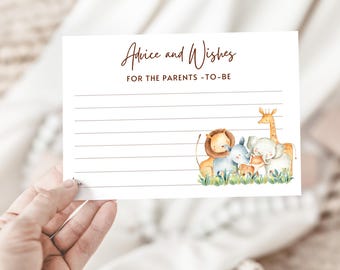 May include: A white card with brown text that reads "Advice and Wishes for the Parents-to-Be". The card has a watercolor illustration of a lion, rhino, giraffe, elephant, and a baby animal.