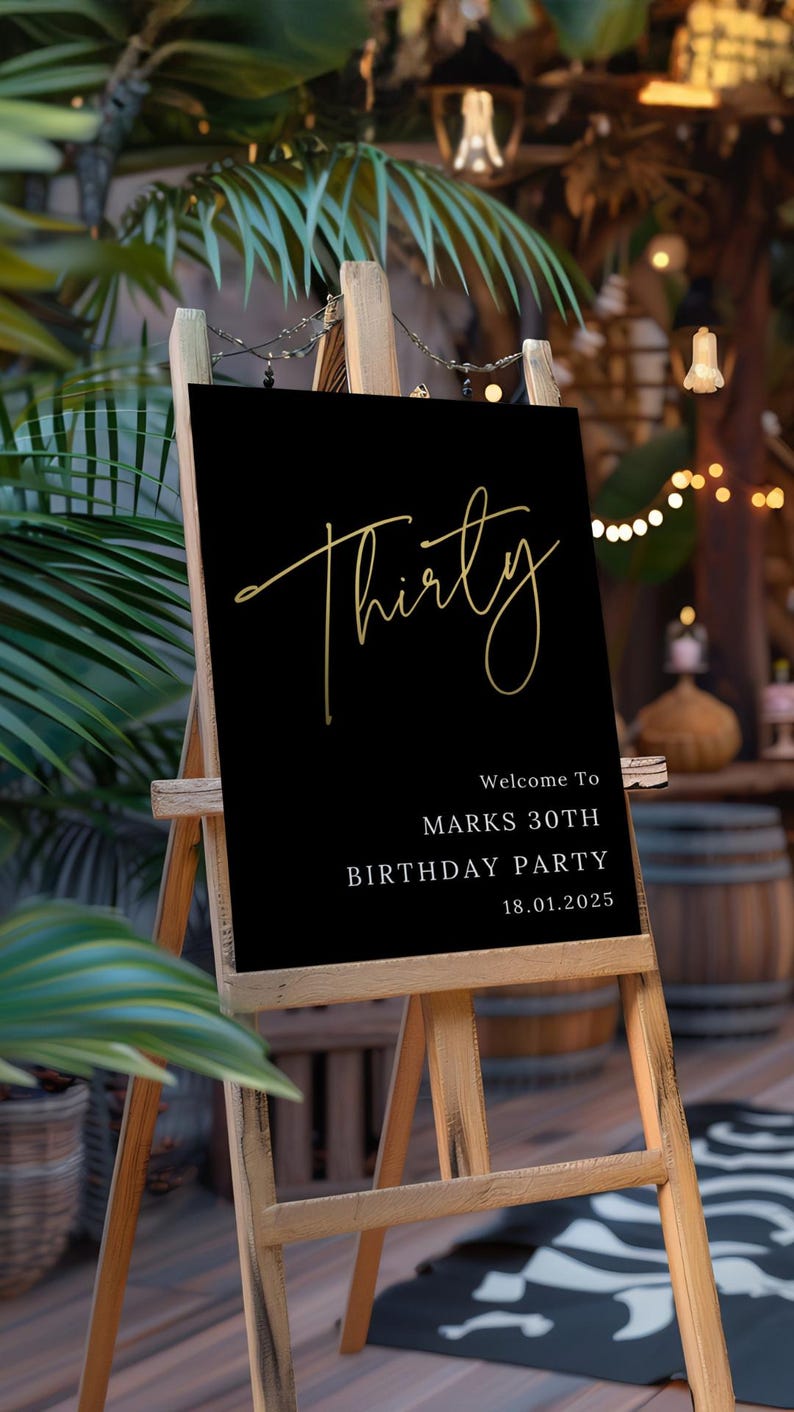 Personalised 30th Birthday Welcome Sign, Black and Gold Theme, Custom ...