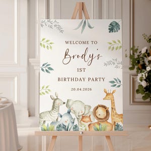 Letrero personalizado para fiesta de primer cumpleaños con temática de safari en la jungla. Letrero de bienvenida para el primer cumpleaños de un niño. Tablero de bienvenida con nombre personalizado.