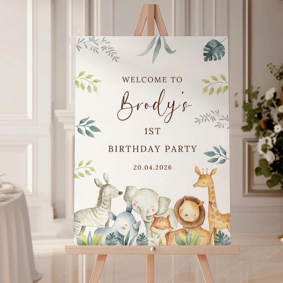 Personalised Safari First Birthday Party Sign Jungle Safari Wild One 1st Birthday Welcome Sign  Baby Boy  Age One Custom name Welcome Board
