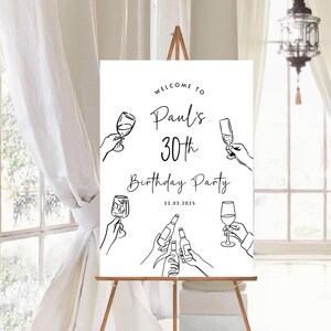 Puede incluir: Un letrero de bienvenida rectangular blanco con ilustraciones de l&iacute;neas negras de manos sosteniendo varios vasos y botellas. El texto dice Welcome to Paul's 30th Birthday Party 22.03.2025 en una mezcla de fuentes serif y script.