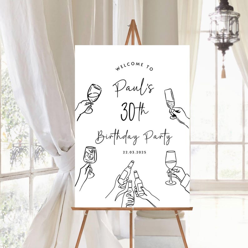 Puede incluir: Un letrero de bienvenida rectangular blanco con ilustraciones de l&iacute;neas negras de manos sosteniendo varios vasos y botellas. El texto dice Welcome to Paul's 30th Birthday Party 22.03.2025 en una mezcla de fuentes serif y script.