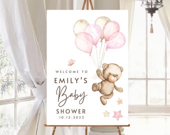 Custom Baby Shower Welcome Sign Baby Girl Pink Teddy Bear Baby Shower We can Bearly Wait Teddy  Balloons Girl Baby Shower Poster