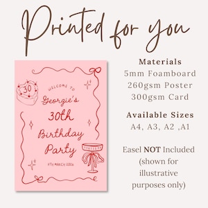 K&ouml;nnte beinhalten: Ein rosa Geburtstagsparty-Schild mit rotem Text und Illustrationen. Das Schild lautet "Printed for you" und hei&szlig;t die G&auml;ste zu "Georgie's 30th Birthday Party" am 7. M&auml;rz 2026 willkommen. Erh&auml;ltlich in den Gr&ouml;&szlig;en A4, A3, A2 und A1.