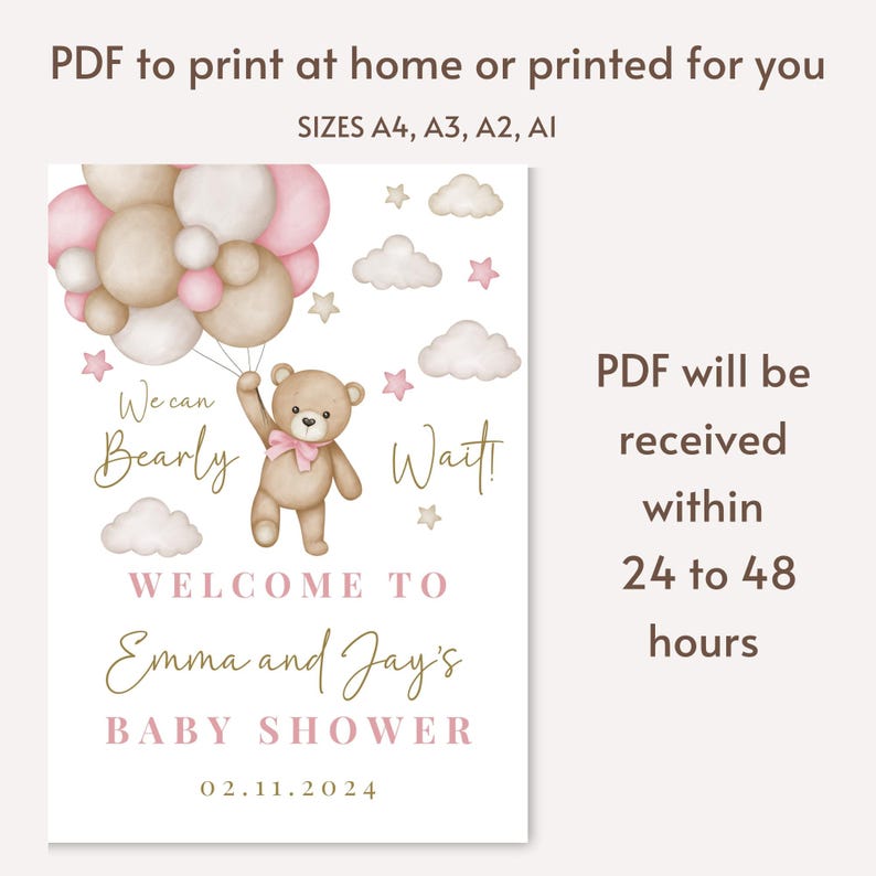 K&ouml;nnte beinhalten: Eine druckbare Babyparty-Einladung mit einem Teddyb&auml;ren, der rosa und braune Ballons, Wolken und Sterne h&auml;lt. Der Text lautet "We can barely wait! Welcome to Emma and Jay's Baby Shower 02.11.2024"