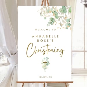 Custom Christening Welcome Sign Eucalyptus and Gold Cross Portrait Greenery Gold Font Personalised Christening Welcome Poster Decoration