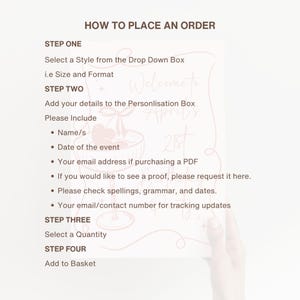May include: A white instructional card titled HOW TO PLACE AN ORDER with dark brown text listing four steps. The steps include selecting a style, adding personalization details like names and dates, selecting quantity, and adding to the basket.